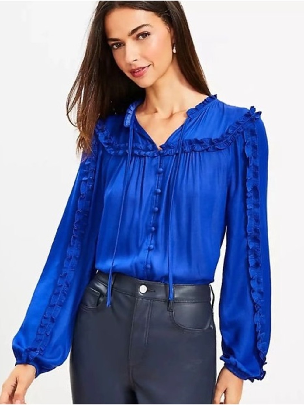 Loft Blue Ruffle Trim Long Sleeve Top- XSP